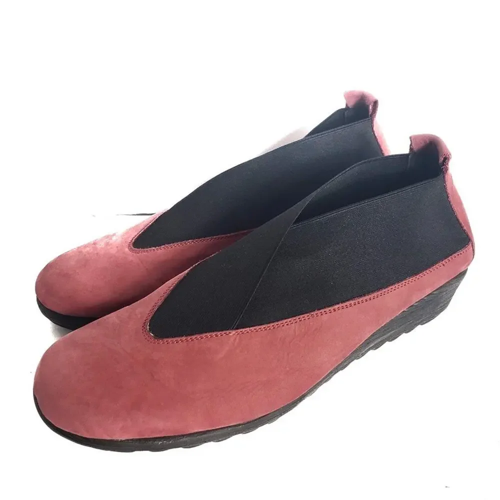Flexx Stretch Run Wedge Red Shoes Comfort Slip On Nubuck Leather Flats Size 39 8